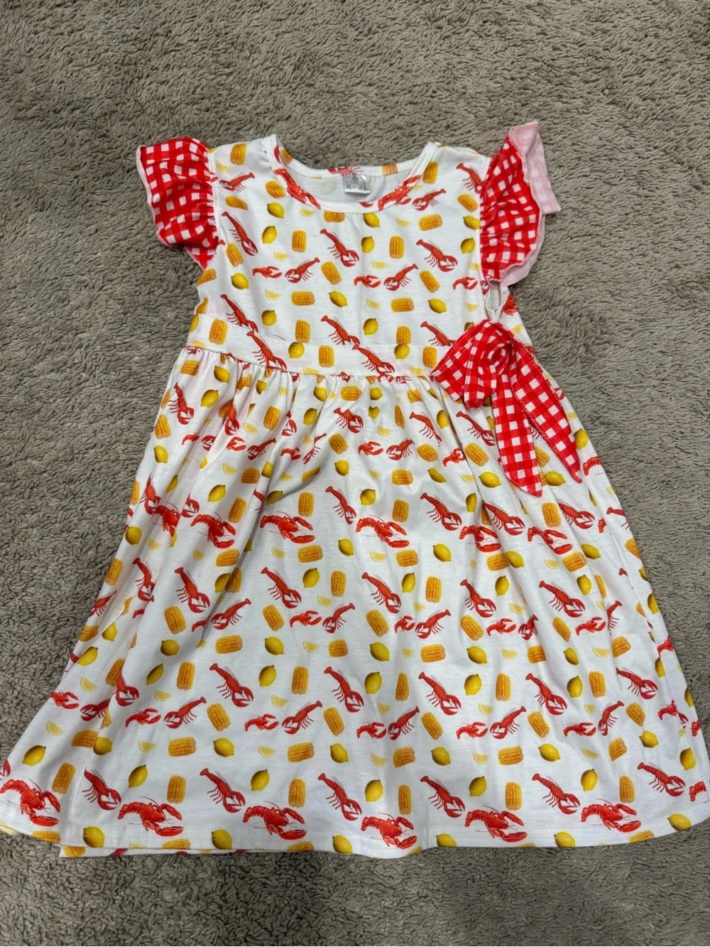 Girls Crawfish Boil Print Dress Red Gingham Flutter Sleeves Size 5T-6T